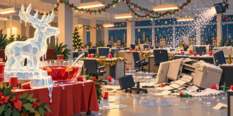 A deserted paper office is strewn with cups and snow, with a faceted reindeer sculpture beside a punch bowl and a toppled photocopier.