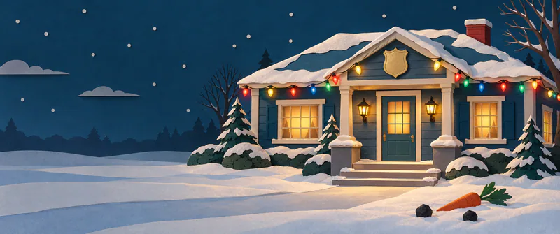 A warmly lit blue paper station stands under coloured Christmas lights, with a carrot and two coal lumps in the snow before its steps.