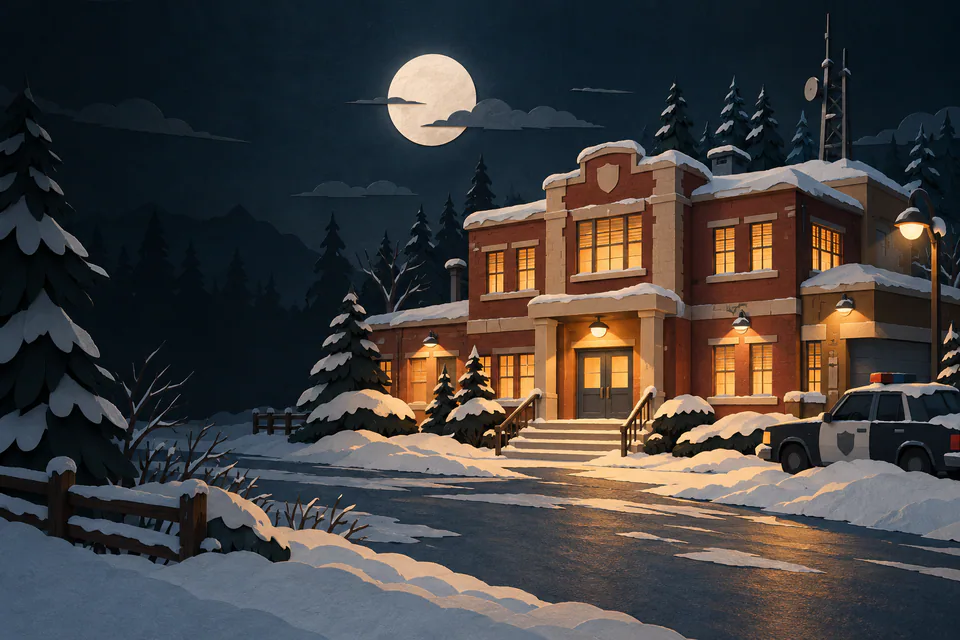A snowbound paper police station glows with amber windows beside a parked patrol car, beneath a pale moon and dark fir trees.