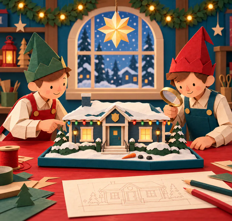 Two paper elves study a miniature blue station with snowy eaves and coloured lights, while a tiny carrot and two coal lumps sit by its steps.