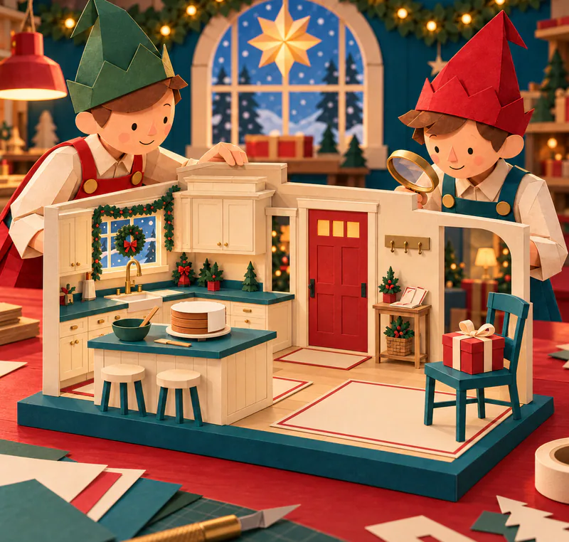 Two paper elves examine a miniature cream kitchen with a half-covered cake and empty hooks by a red door. A wrapped red gift sits on a teal chair.