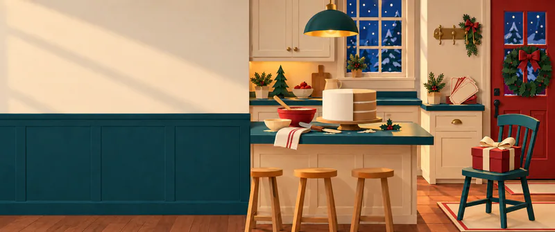 A warm paper kitchen holds a half-covered cake on a teal counter. Blank tickets and bare hooks sit beside a red door, with a wrapped gift on a teal chair.