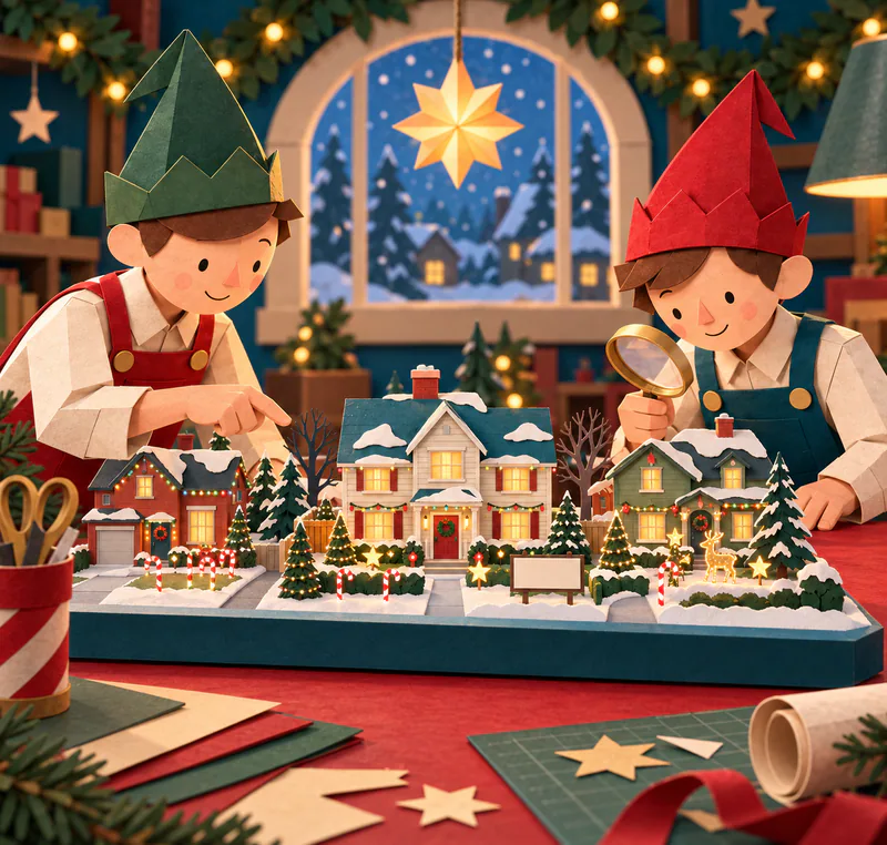 Two paper elves inspect three miniature houses with glowing garden displays, candy canes and a blank judging sign on their workbench.