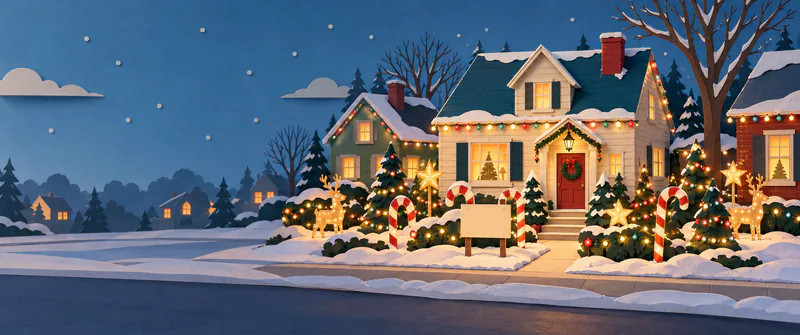 Paper houses glow at dusk behind gardens filled with candy canes, stars, lit trees and reindeer, with a blank sign on the snowy lawn.