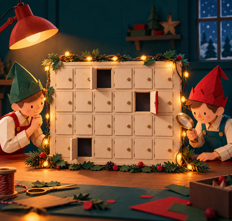 Two paper elves examine a cream Advent calendar under a red desk lamp. Three doors stand open onto dark compartments, with a red edge and sagging fairy lights.