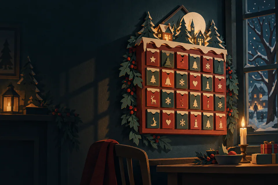 A wall-hung paper Advent calendar has twenty-four small doors decorated with festive shapes, beside a candle and snowy window in a dark room.