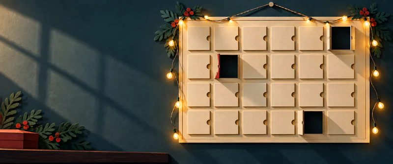 An ivory paper Advent calendar hangs on a dark teal wall, with three blank doors open onto black spaces, a red-stained edge and drooping amber fairy lights.