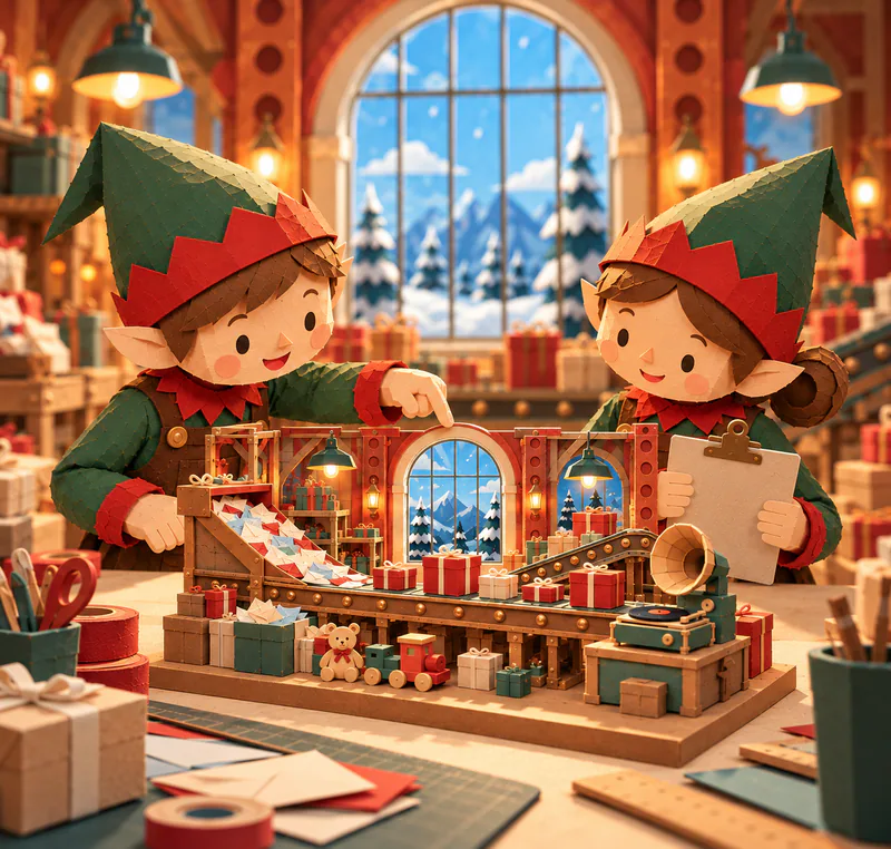 Two paper elves study a miniature factory with a copper conveyor, parcels and tiny gramophone on a workbench covered with envelopes and ribbon.