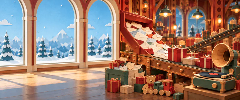 Snowy blue window bays light an open factory floor beside a copper conveyor crowded with letters, red parcels, paper toys and a green gramophone.