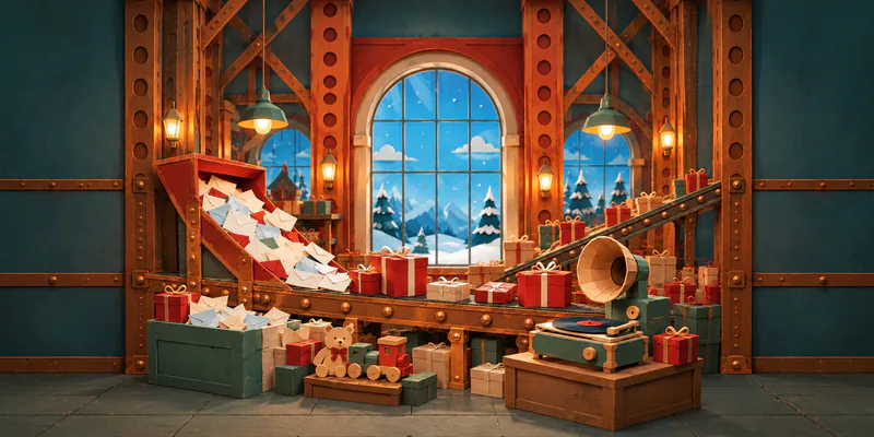 A copper parcel conveyor, overflowing letter chute and green gramophone sit beneath a blue arched window, framed by deep teal factory walls.