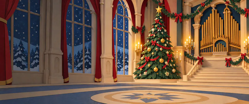 A golden pipe organ and decorated tree stand in a candlelit paper ballroom, with evergreen garlands and snow beyond tall arched windows.