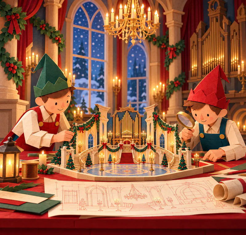 Two paper elves inspect a miniature candlelit ballroom with a pipe organ and garlands, using a magnifying glass and a plan spread across their workbench.