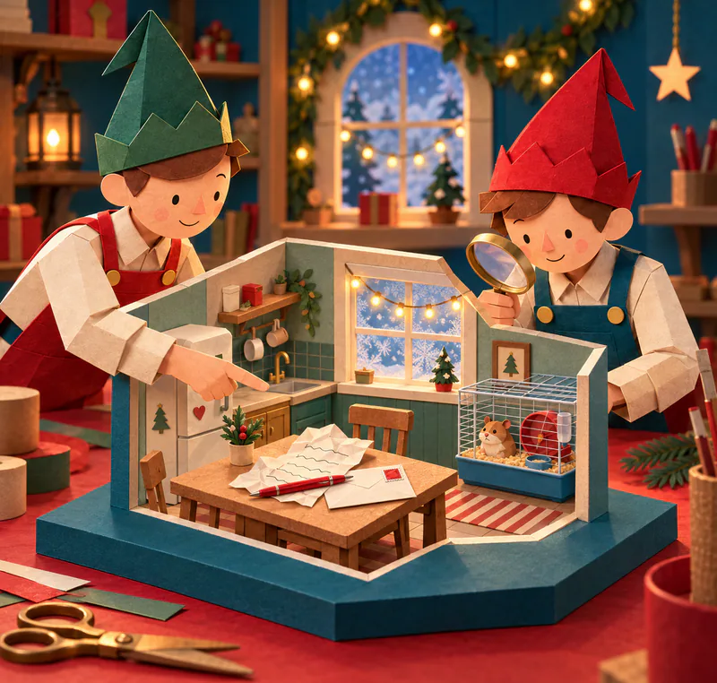 Two paper elves inspect a miniature kitchen with a crumpled sheet, red pen and envelope on its table, and a hamster cage by a glowing frosted window.