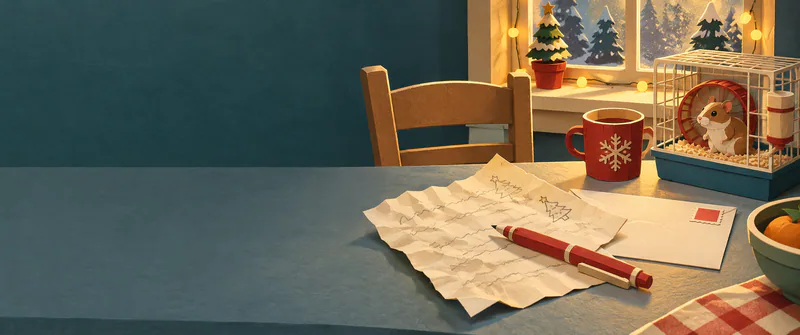 A red pen rests across a crumpled sheet beside a stamped envelope on a kitchen table. A paper hamster sits in its cage by a fairy-lit frosted window.