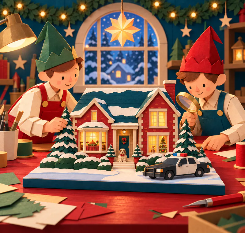 Two paper elves inspect a snowy brick-house model with glowing windows, a small dog on the porch and a police car beside the path.