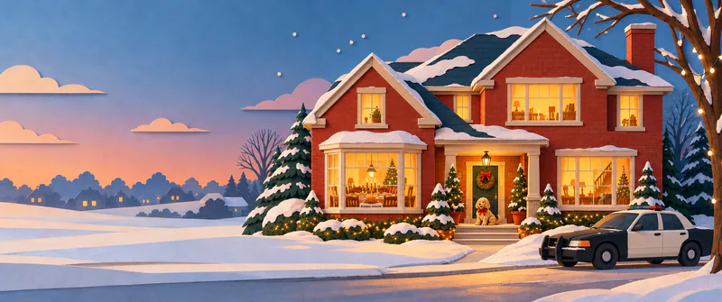 A snowy brick house glows at dusk, with a crowded dinner table behind the bay window, a dog on the porch and an unlit police car at the kerb.