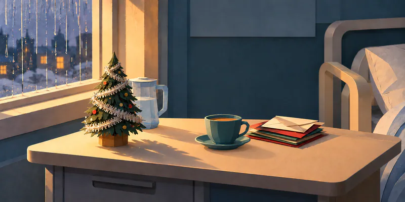 A small tinsel-trimmed paper tree, water jug, teal teacup and unopened cards sit on a hospital bedside table beside a rain-streaked window at dusk.