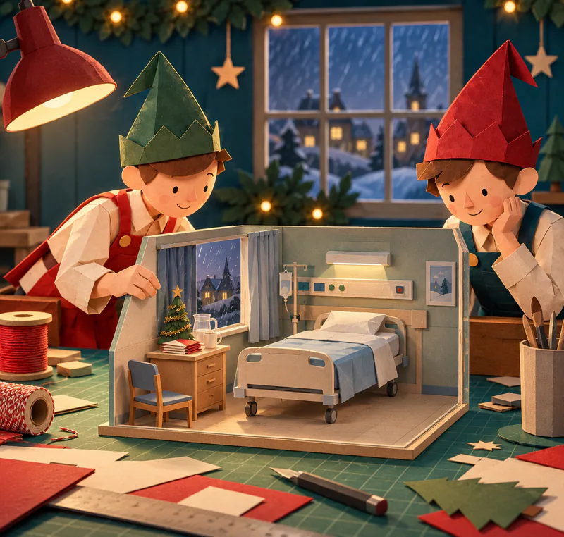 Two paper elves study a miniature hospital room on a workshop table. An empty bed stands beside a tiny Christmas tree, cards, water jug and cup, beneath warm light and a rainy window.