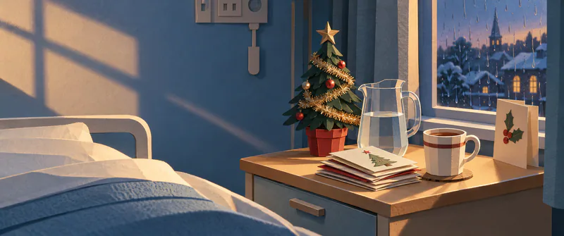 A small tinsel-trimmed tree, water jug, Christmas cards and cup of tea rest on a hospital bedside table. Winter dusk falls through a rain-streaked window, casting long shadows across the empty bed.