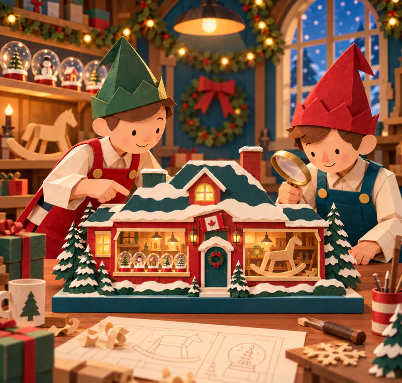 Two paper elves inspect a snowy toy workshop model with glowing windows, snow globes, a rocking horse and a crooked maple-leaf flag above the door.