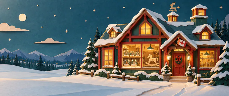 A green toy workshop glows against a snowy mountain night, with snow globes and a rocking horse in its windows and a crooked maple-leaf flag above the door.