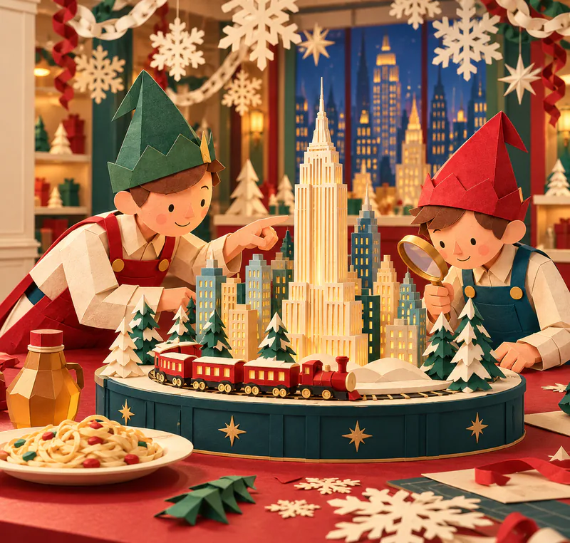Two paper elves inspect a miniature city and red train with a magnifying glass, beside sweet-topped spaghetti and an amber jug on a red workbench.