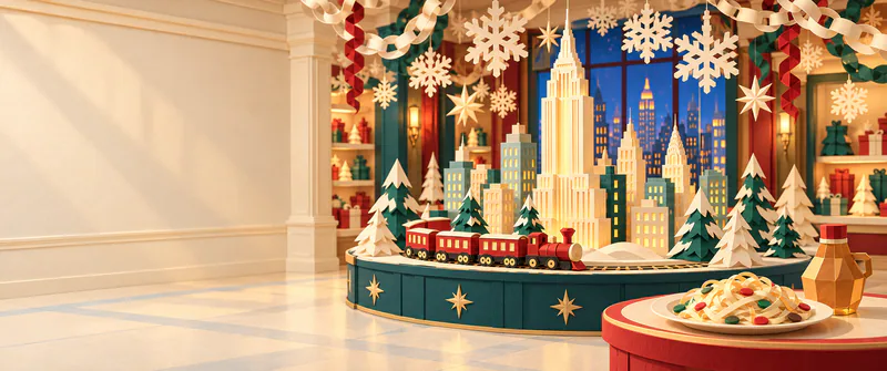 A glowing paper skyline and red toy train fill a snowflake-decorated shop display, beside a plate of sweet-topped spaghetti and syrup jug, with a cream wall on the left.