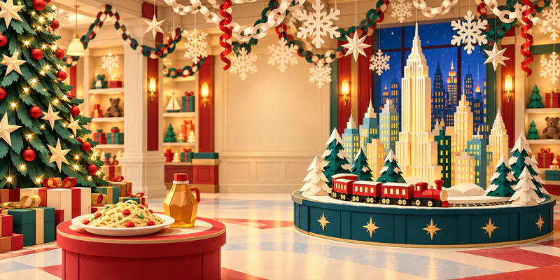 Sweet-topped paper spaghetti and an amber jug sit beside a glowing miniature city and red train, beneath paper snowflakes in a warmly lit toy shop.