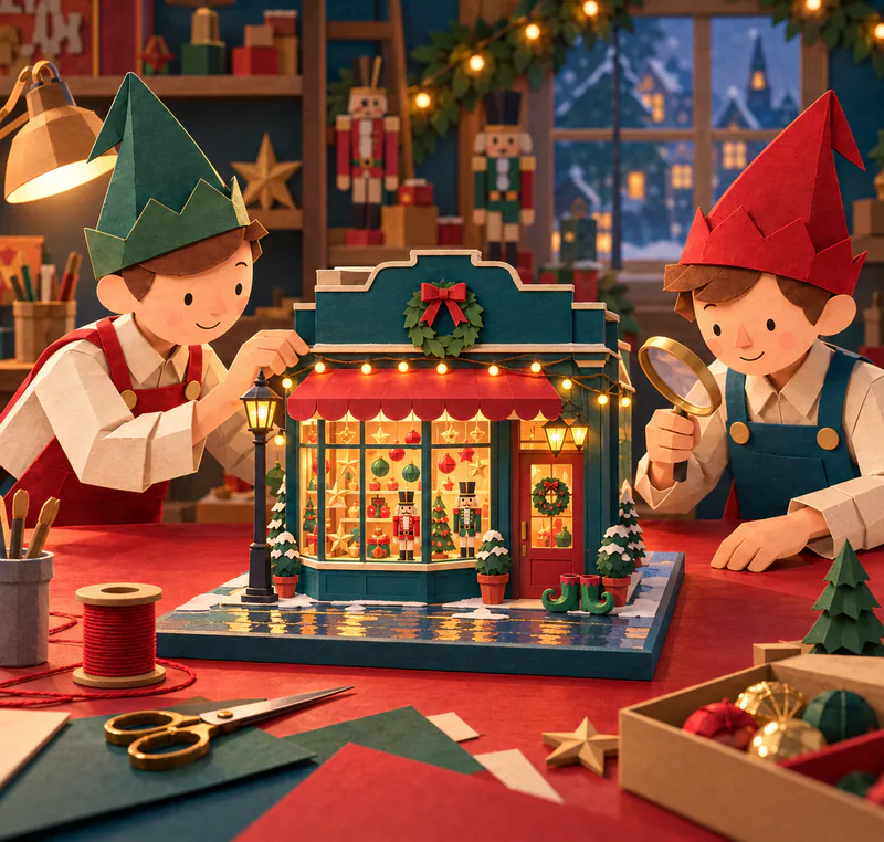 Two paper elves inspect a miniature Christmas shop with a red awning, glowing bauble display, nutcrackers and green curled-toe boots by the door.