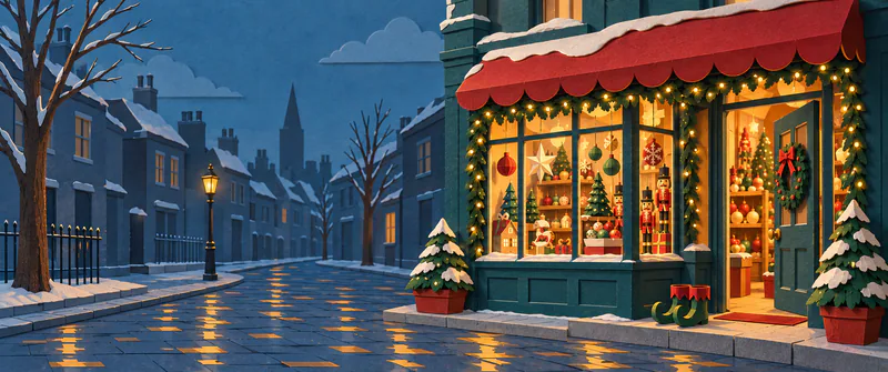 A narrow paper Christmas shop glows with ornaments and fairy lights beside empty curly-toed boots, overlooking a quiet blue street with amber paper reflections.