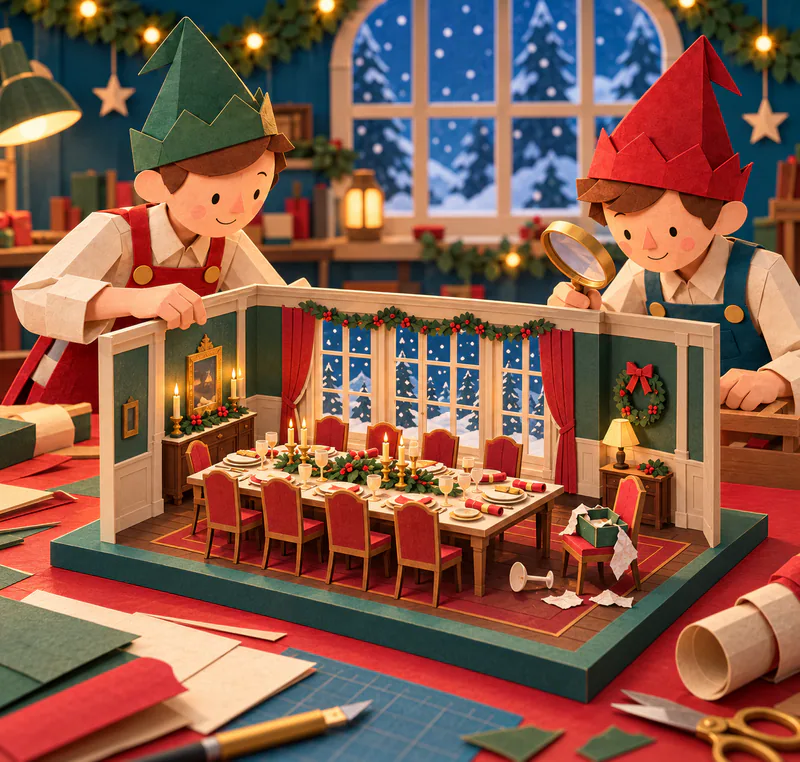 Two paper elves inspect a miniature Christmas dining room with a crowded table, toppled goblet and present on a chair.