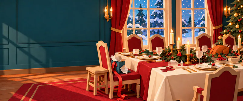 A candlelit paper dining table has a toppled wine glass and closely packed place settings, with an unwrapped gift on a chair beside snowy windows.
