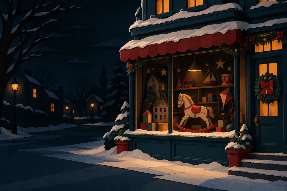 A dim paper toyshop window holds a rocking horse, kite, toy train and stacked blocks beneath a small amber lamp on a snowy night.
