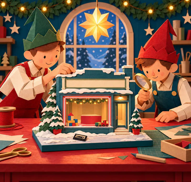 Two paper elves inspect a snowy teal toyshop model with an empty red display plinth, toy train, blocks and a cassette on its pavement.