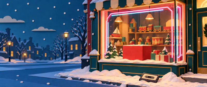 A neon-framed toyshop window contains an empty red plinth, toy train and blocks. A cassette lies on the snowy pavement beside a quiet blue street.