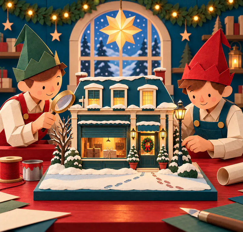 Two paper elves inspect a snowy teal shop model, one holding a magnifying glass. A parcel sits in the glowing window and two footprint trails meet at the door.