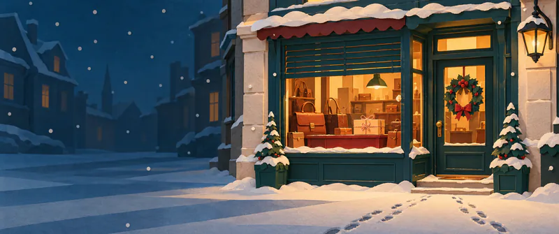 A quiet snowy street leads to an amber-lit teal shop with a half-lowered shutter. A tied parcel rests among bags inside, and two footprint trails meet at the door.