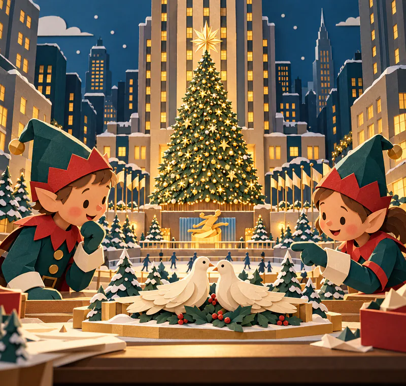 Two paper elves inspect paired ivory dove ornaments on a miniature snowy plaza, with a golden Christmas tree, tiny skaters and stepped city towers behind.