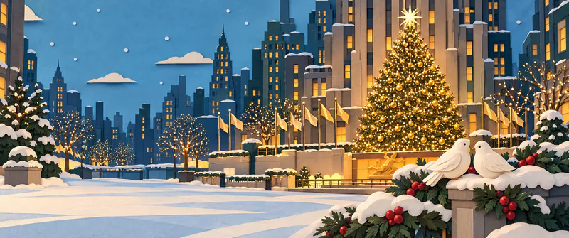 Two ivory paper doves rest on a snowy holly-covered railing beside a golden Christmas tree, with stepped city towers and an open snow-covered plaza behind.