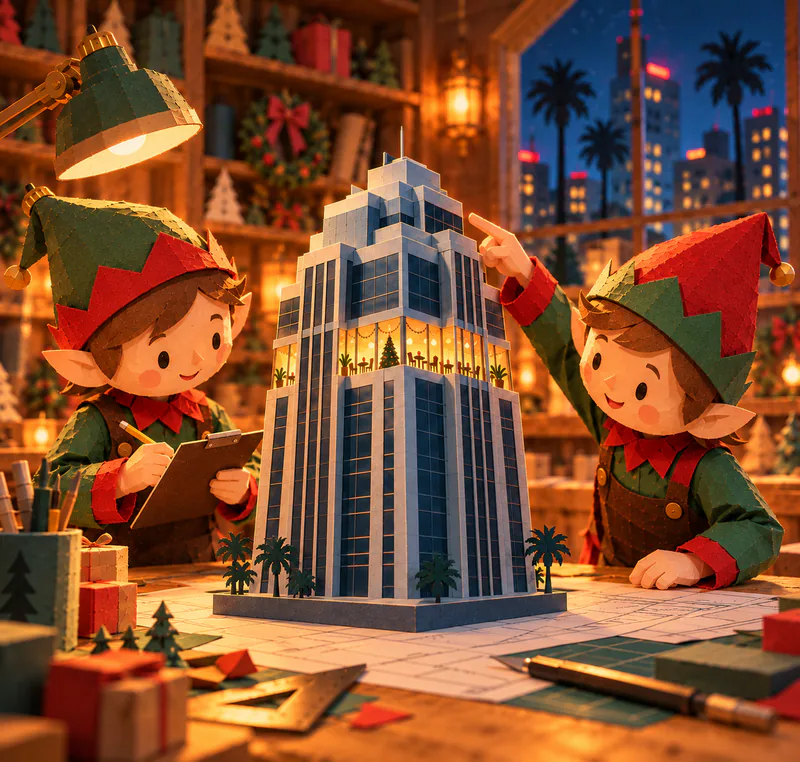 Two paper elves study a tall silver-blue tower model with an amber Christmas party floor, one taking notes and the other pointing towards its roof.