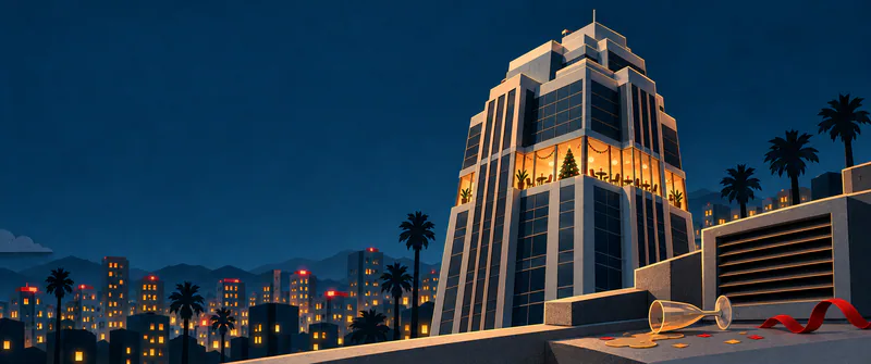 A silver-blue office tower with a warm Christmas party floor stands above palms and city lights, beside a foreground grille, tipped glass and loose red ribbon.