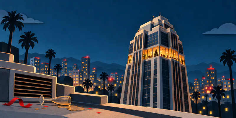 A stepped silver office tower glows with a single Christmas party floor above a palm-lined night skyline, with a tipped glass and vent on a foreground ledge.
