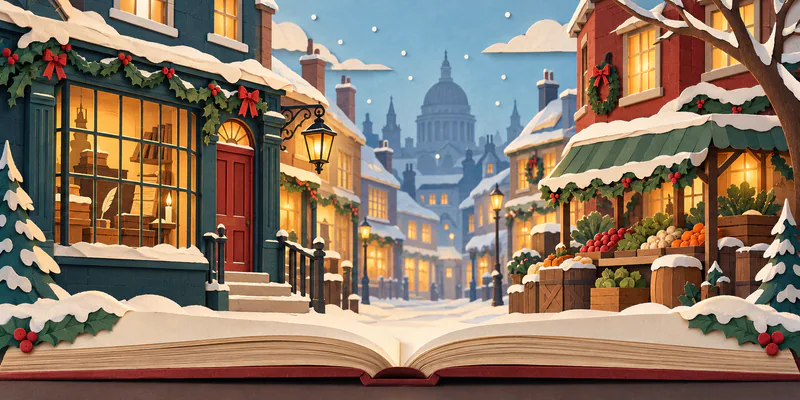 A blank open book supports a snowy paper street between a glowing office and a green-awning produce stall, with lamps and a distant domed skyline.