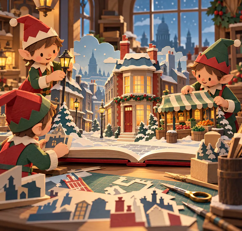 Three paper elves assemble a snowy Victorian street on an open book, positioning a lamp and market awning among cut scenery, scissors and card offcuts.