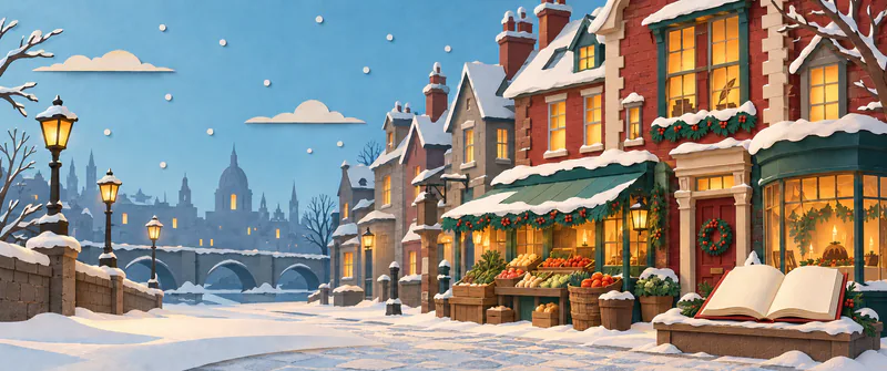 A blank open storybook rests beside a snowy Victorian market street, with glowing lamps, a green produce-stall awning and a wreath on a red door.