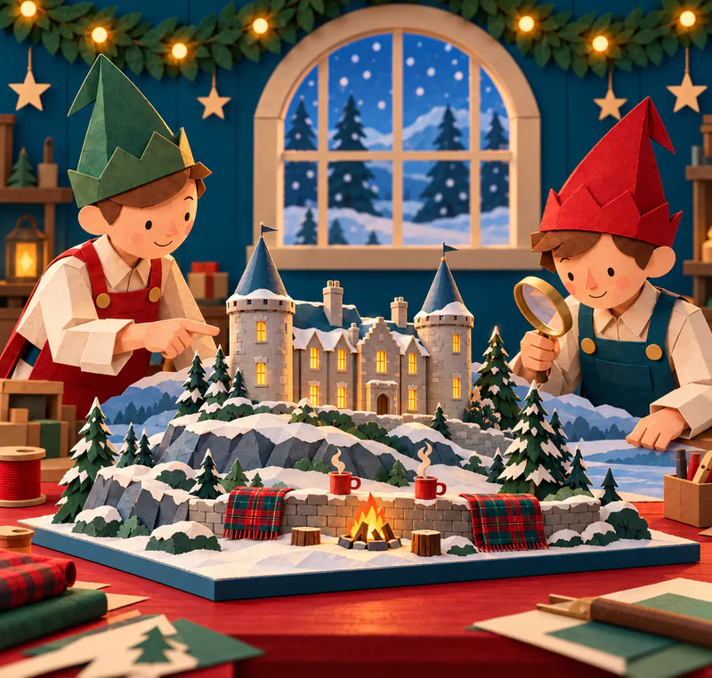 Two paper elves study a snowy castle model with warm windows. A bonfire glows in front of a stone wall draped with tartan blankets beside two steaming red mugs.