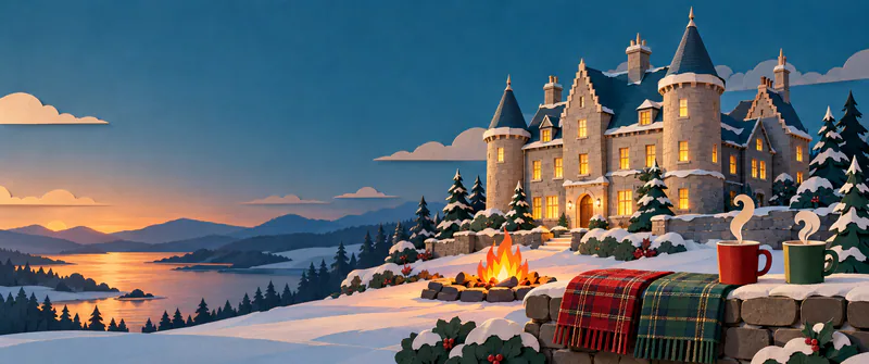 A turreted paper castle overlooks a snowy hillside at sunset. A bonfire glows below, while two tartan blankets and steaming red and green mugs rest on a stone wall.