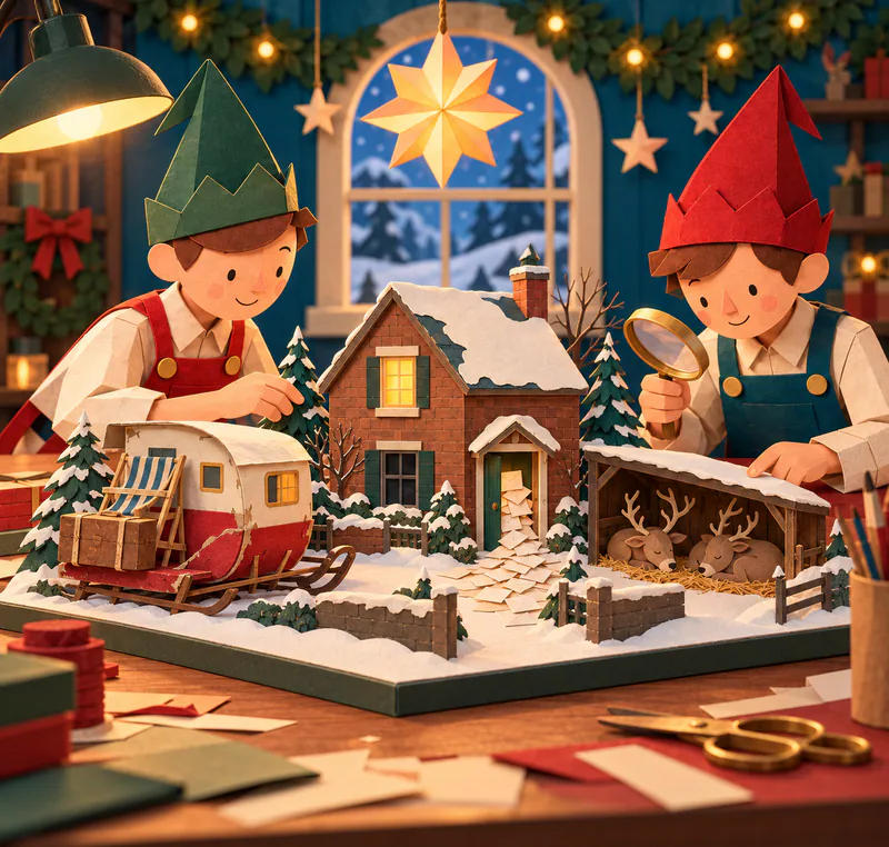 Two paper elves inspect a snowy cottage model with letters spilling from its door. A sleigh-caravan carries a deckchair and suitcase, while two reindeer sleep in a lean-to.