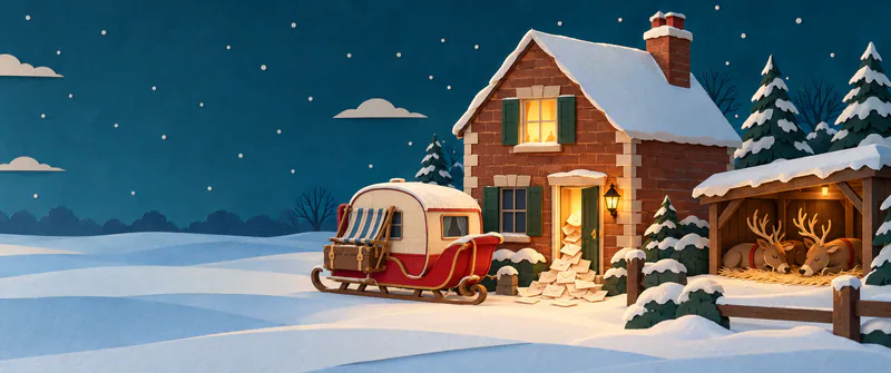 A snowy paper cottage has one glowing upstairs window and letters spilling through its door. A sleigh-caravan with a deckchair and suitcase waits beside two sleeping reindeer.