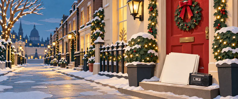 A snowy paper mews glows with Christmas lights, with blank ivory cards and a black cassette player beside a red door on the right.